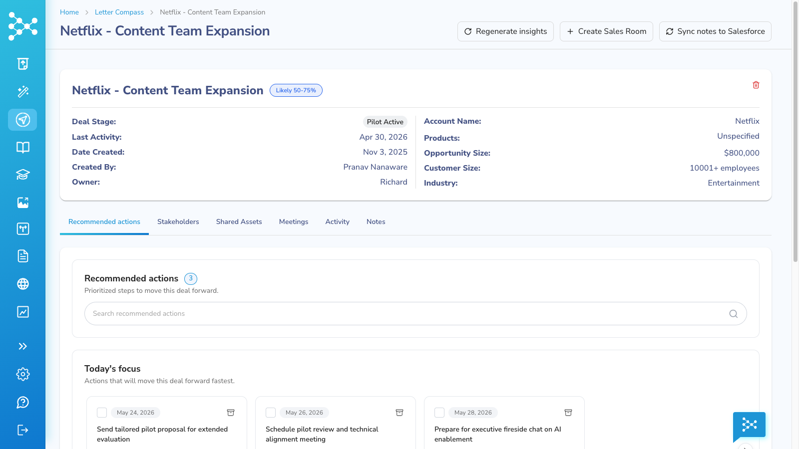 HubSpot-linked deal workspace showing opportunity details and AI-recommended actions in Letter Compass.